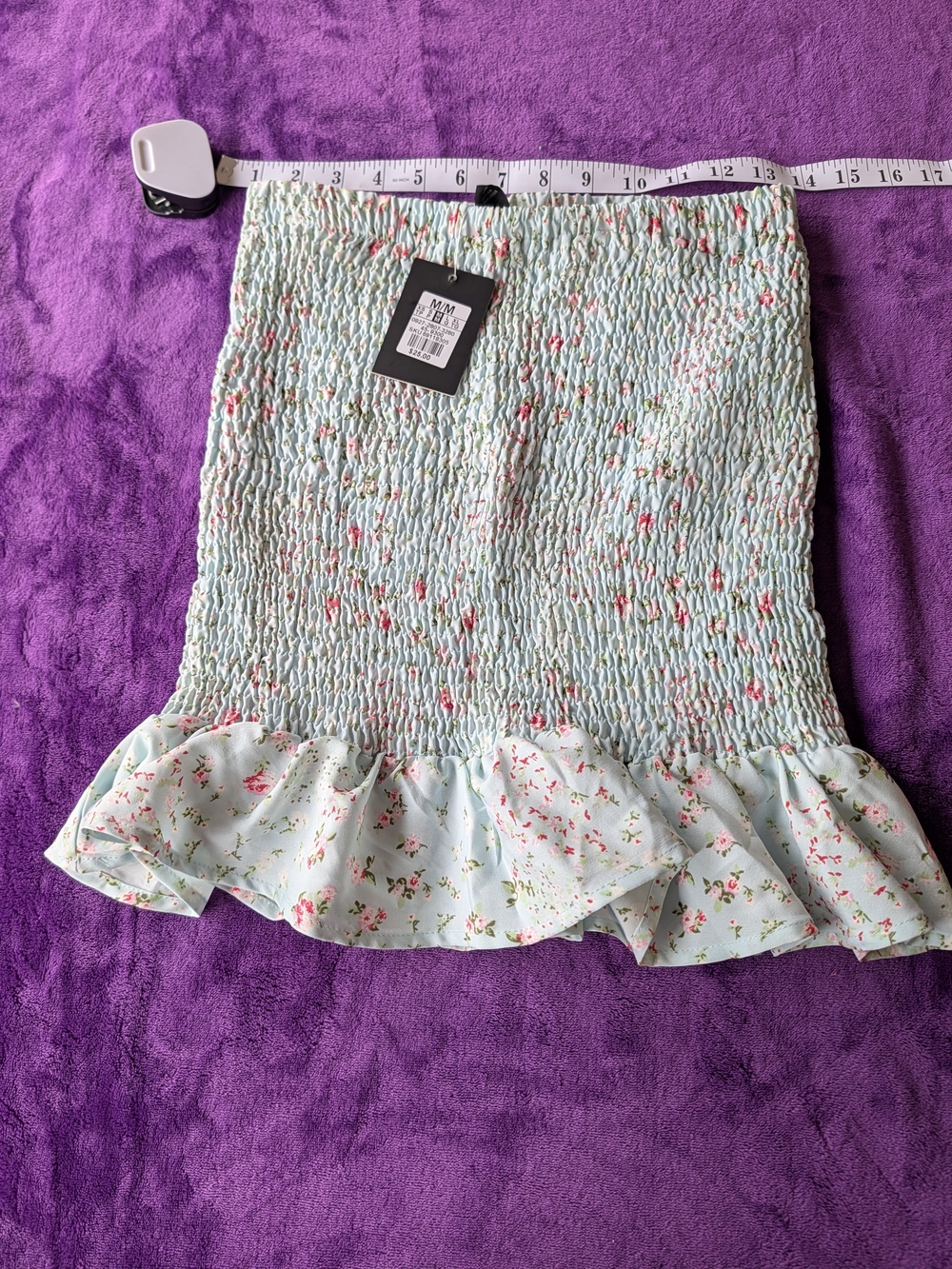 Motel Rocks Light Blue Floral Smocked Ruffle Mini Skirt